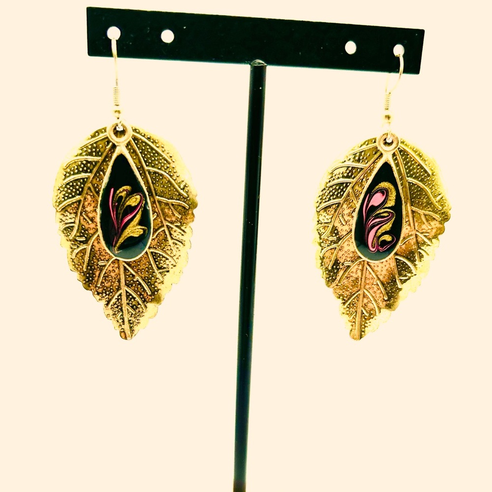 Forest Fairy Gold Tone Boho Festival Mosaic Autumn Leaf Dangle Earrings